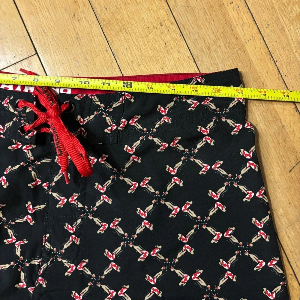 Hinano Tahiti Boardshorts Men 33 Black Red Hinano Hula Girl Print Surf Swim